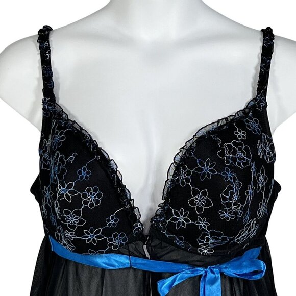 Cacique Womens 3X Babydoll Teddy Black Blue Floral Embroidered Bow Nightgown - Picture 5 of 10